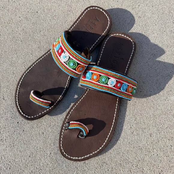 Aspiga Shoes - Aspiga Brown Leather Hand Crafted Beaded Toe Loop Sandals Boho Hippie Slides 39
